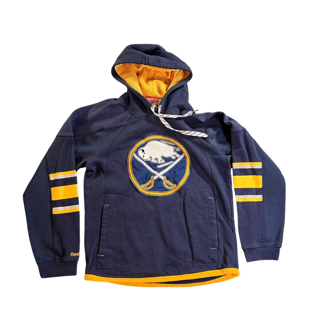 Reebok Buffalo Sabres NHL Hoodie Mens Small Blue Striped Face Off Collection